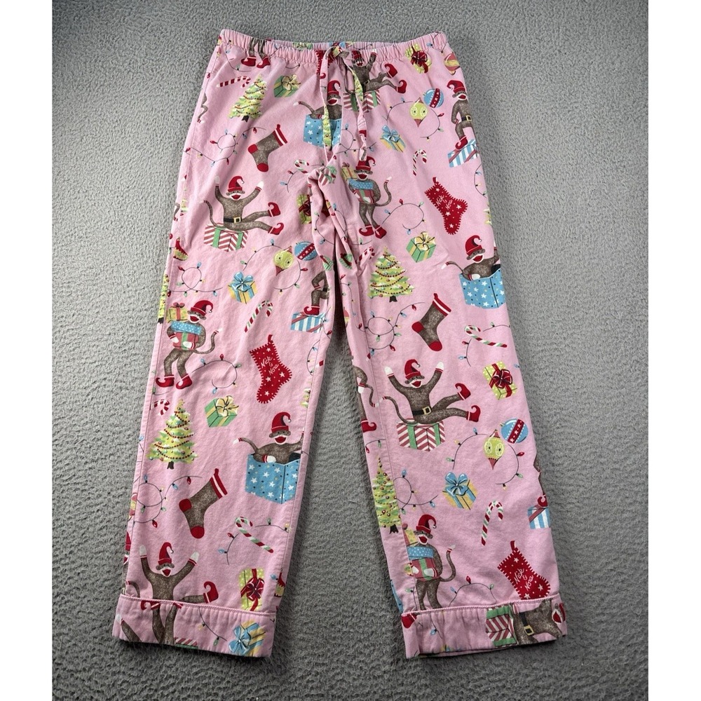 Nick & Nora Pajama Pants Medium Pink Sock Monkey Christmas PJ Bottoms Lounge